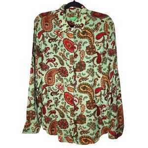 United Colors of Benetton Green Paisley Button Up‎ Shirt Size XL Preppy Career
